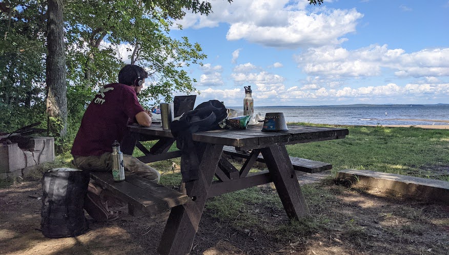 A team member working outside on their laptop on a wooden bench.