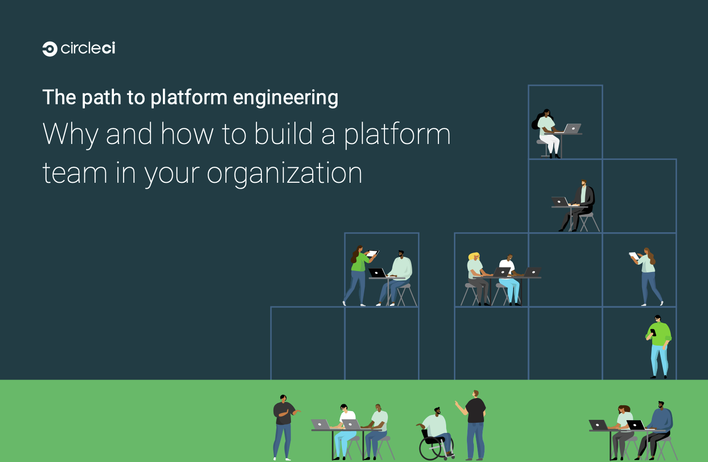 A group of engineers build a vertical framework that elevates and supports other development teams.